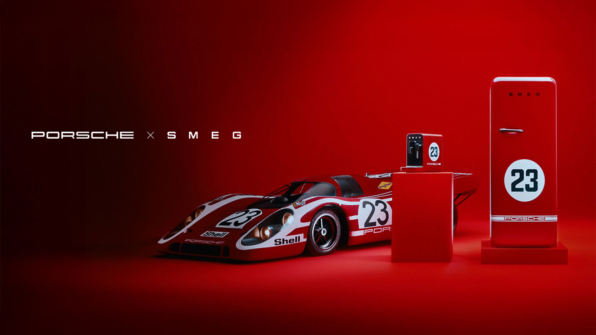 Collaboration between Porsche and Smeg on a red background with a race car and refrigerator.