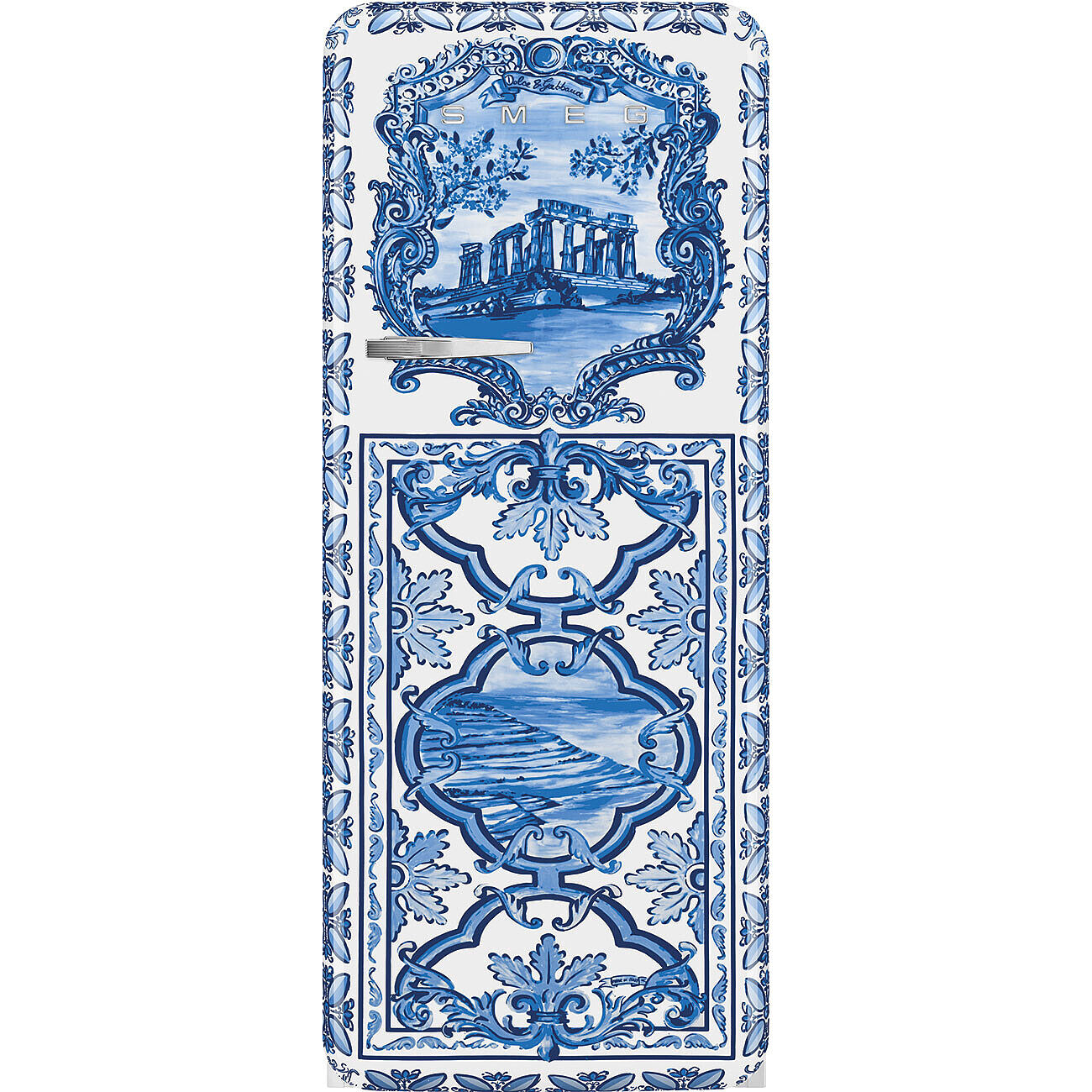 FAB28 60cm 50s Style Right Hand Hinge Fridge with Icebox Dolce and Gabbana Blu Mediterraneo