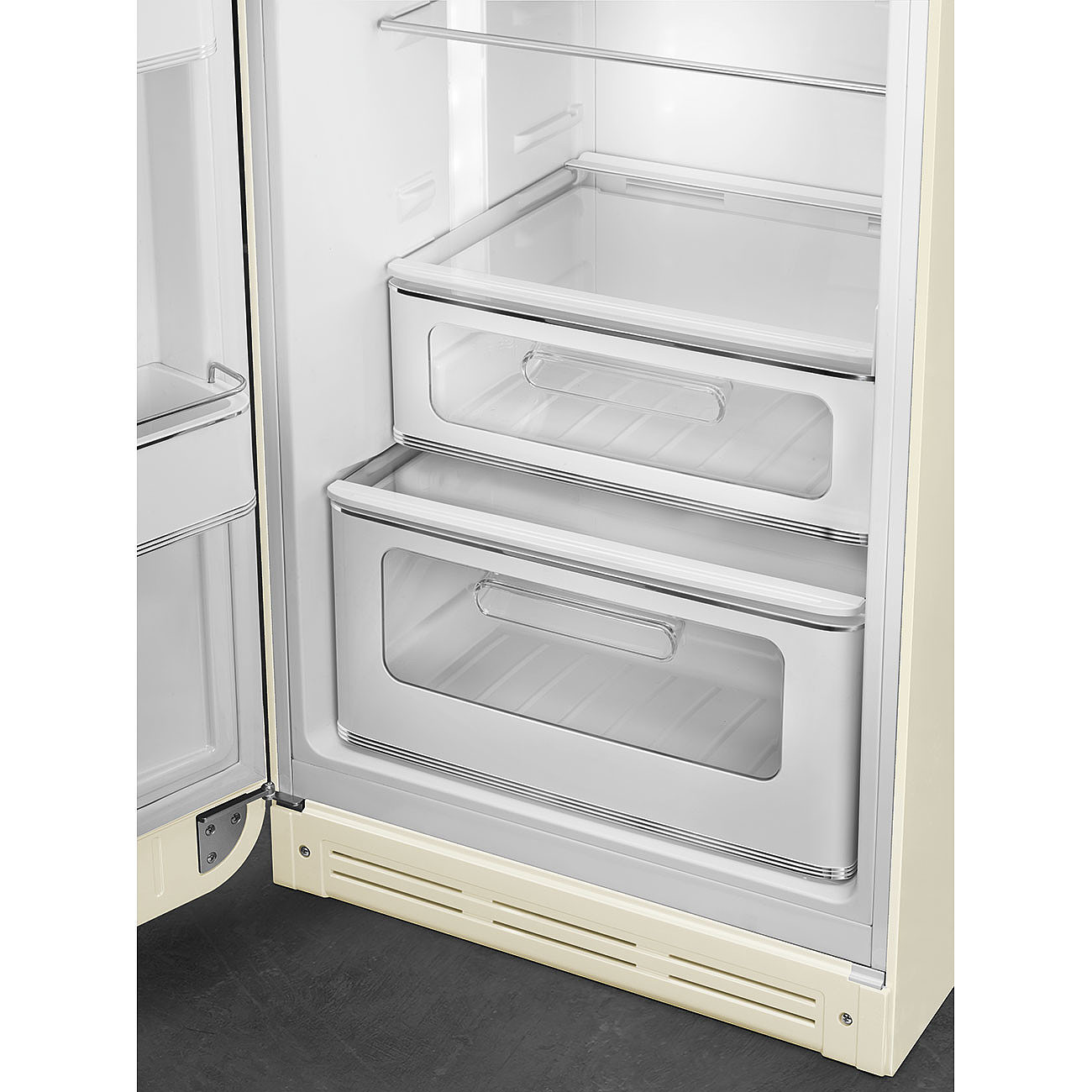 FAB30LCR5UK 60cm 50s Style Left Hand Hinge Freezer over Fridge Cream