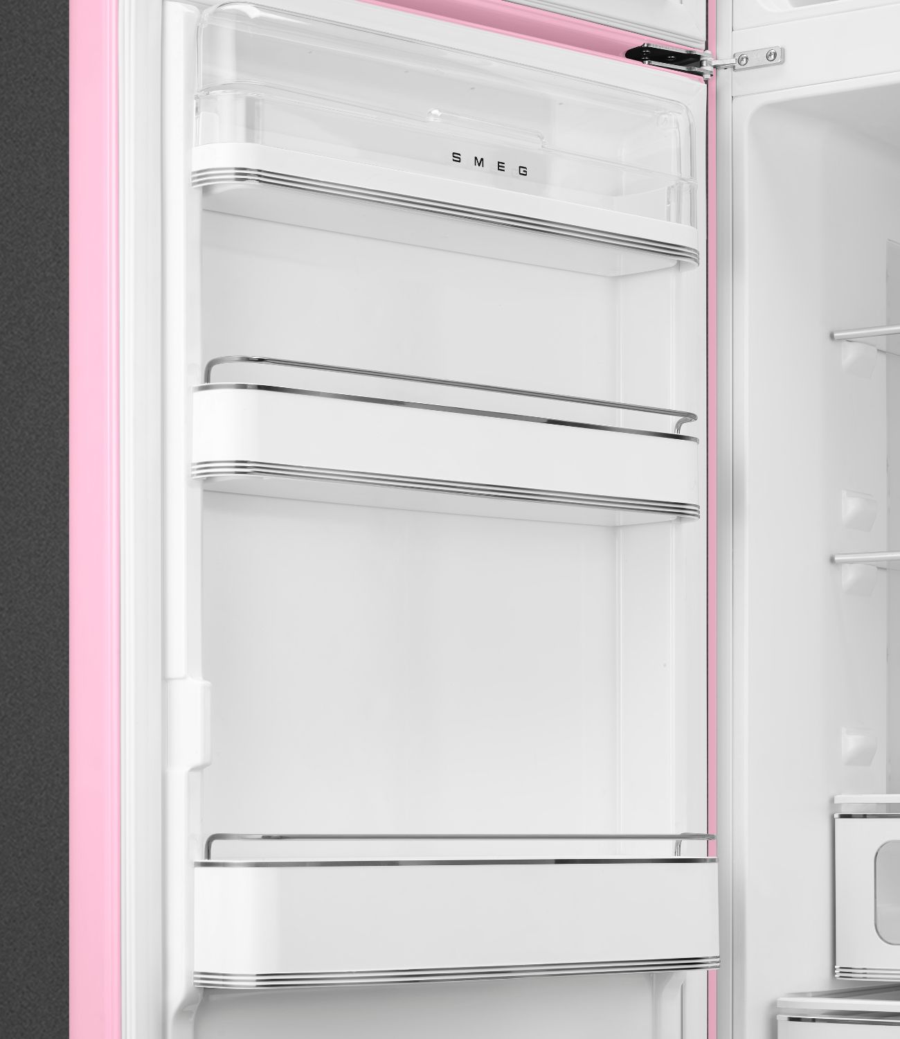 FAB30LPK5 60cm 50s Style Left Hand Hinge Freezer over Fridge Pink