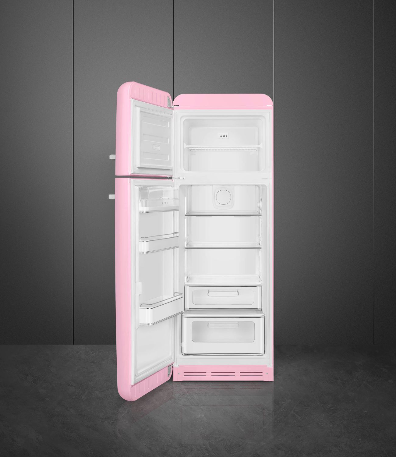 FAB30LPK5 60cm 50s Style Left Hand Hinge Freezer over Fridge Pink