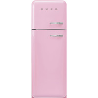 FAB30LPK5 60cm 50s Style Left Hand Hinge Freezer over Fridge Pink