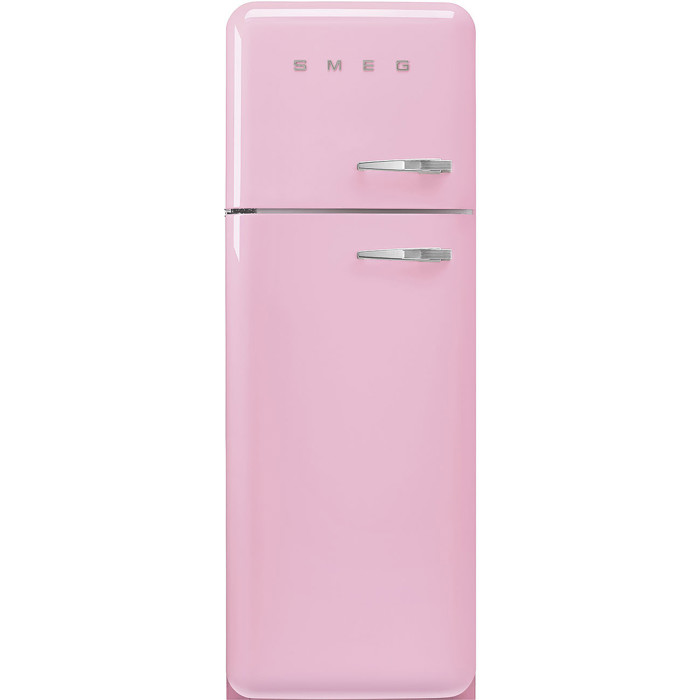 FAB30LPK5 60cm 50s Style Left Hand Hinge Freezer over Fridge Pink