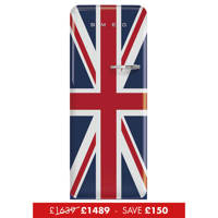 FAB28LDUJ5 60cm 50s Style Left Hand Hinge Fridge with Icebox Union Jack