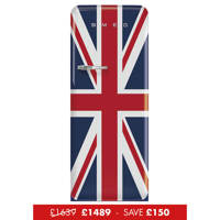 FAB28RDUJ5 60cm 50s Style Right Hand Hinge Fridge with Icebox Union Jack