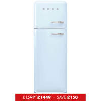 FAB30LPB5UK 60cm 50s Style Left Hand Hinge Freezer over Fridge Pastel Blue