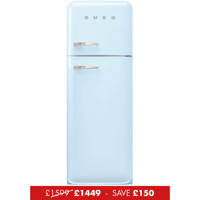 FAB30RPB5UK 60cm 50s Style Right Hand Hinge Freezer over Fridge Pastel Blue