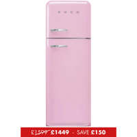 FAB30RPK5UK 60cm 50s Style Right Hand Hinge Freezer over Fridge Pink