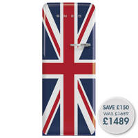 FAB28LDUJ5 60cm 50s Style Left Hand Hinge Fridge with Icebox Union Jack