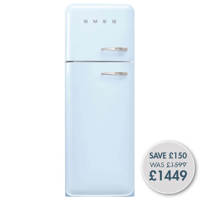 FAB30LPB5UK 60cm 50s Style Left Hand Hinge Freezer over Fridge Pastel Blue