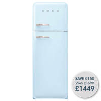 FAB30RPB5UK 60cm 50s Style Right Hand Hinge Freezer over Fridge Pastel Blue