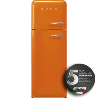 FAB30LOR5 60cm 50s Style left Hand Hinge Freezer over Fridge Orange
